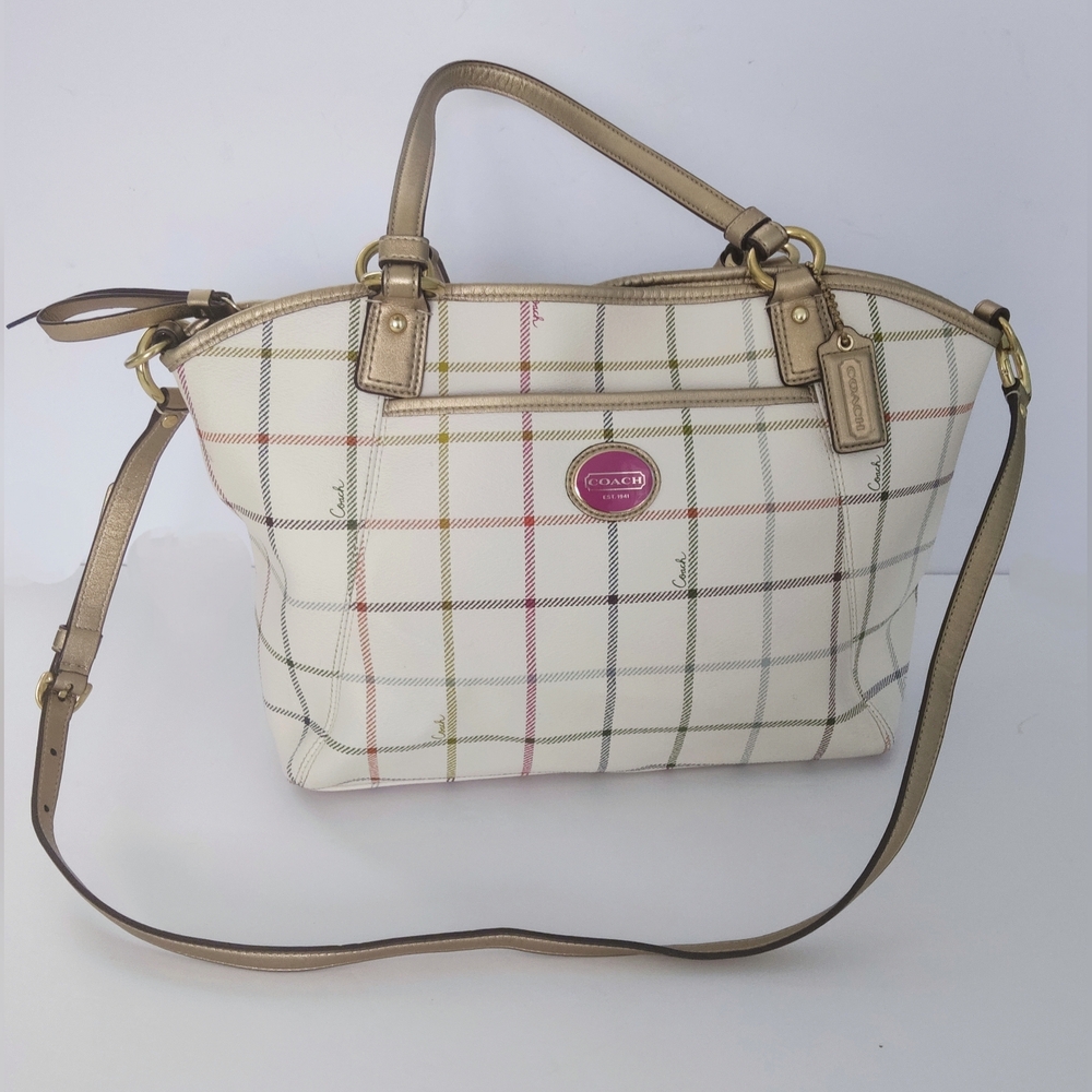 Coach Cream Plaid Leather-Trim Shoulder Bag with Gold Accents